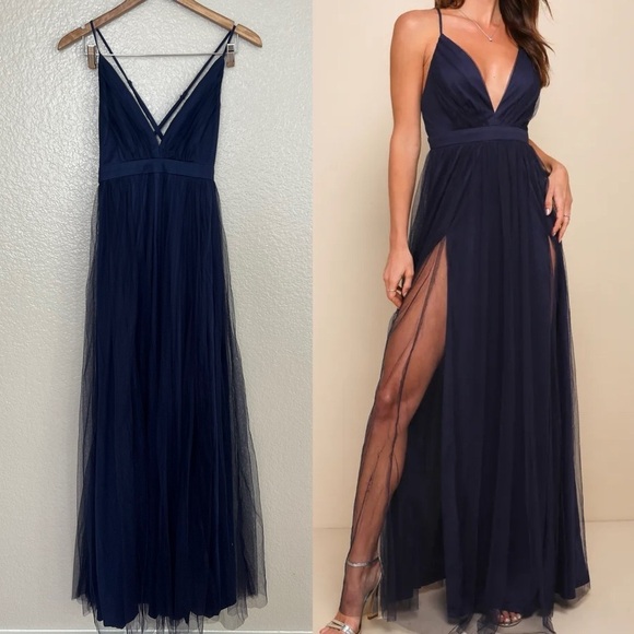 NWOT Rare Beauty Navy Blue Tulle Backless Maxi Dress - Picture 1 of 10
